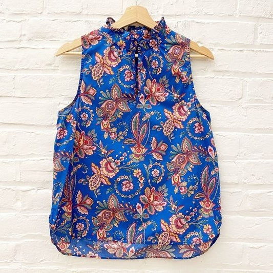 J. Crew || Liberty London Belle Flora Ruffle Neck Sleeveless Blouse Top Blue 6