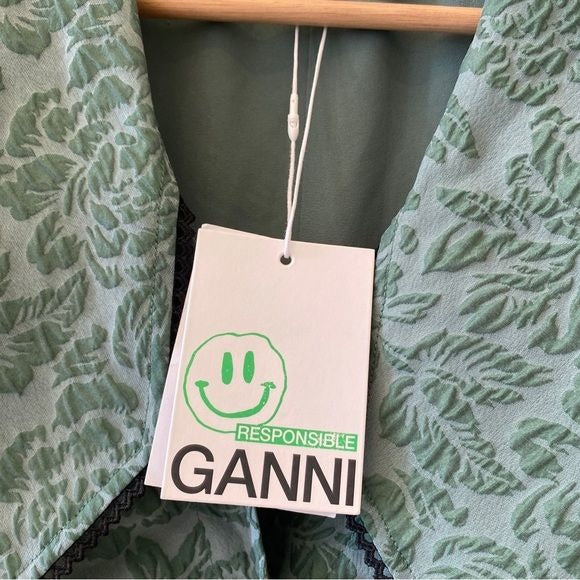 GANNI || Jacquard Organza Mini Dress in Myrtle Green 36 US 4 NWT