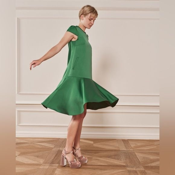 ME+EM || Sculptural Hem Short Sleeve Dress Satin Green UK 8 US 4