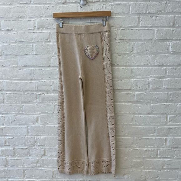 LoveShackFancy || Toro Pointelle Knit Pants Heart Embroidery Ivory Beige Small