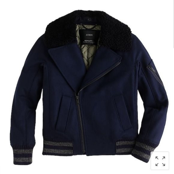 J.Crew Collection || Shearling Bomber Jacket Coat Wool Fur Navy Black 0