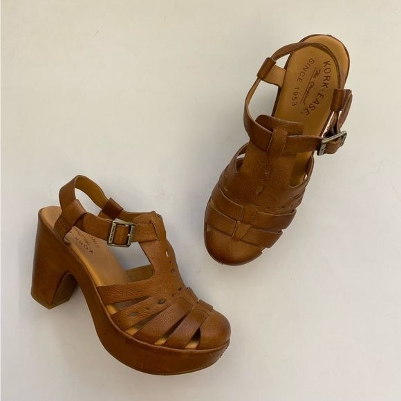 Kork-Ease || Blythe Platform Clog T-Strap Sandal Heel Leather Cognac Tan 7