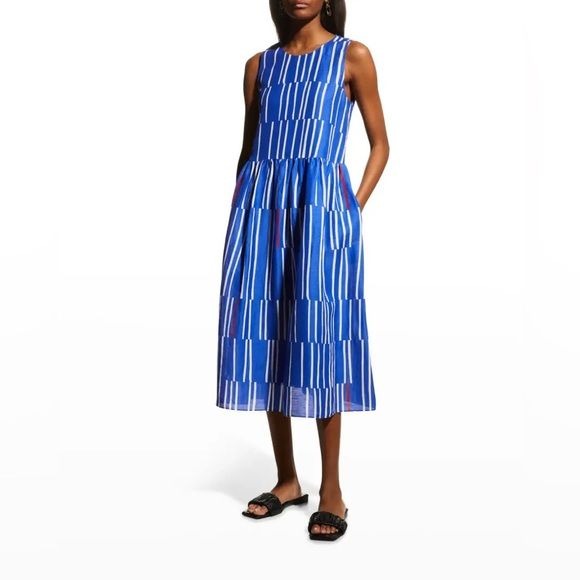 Lafayette 148 New York || Cass Striped Keyhole Dress Linen-Blend Blue Red XXS