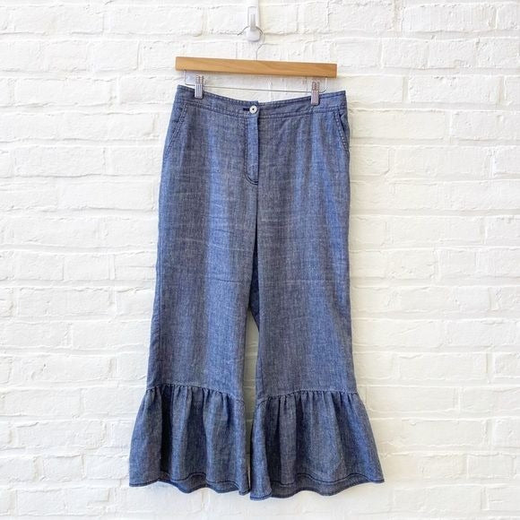 Anthropologie || ett:twa Linen Ruffle Crop Trouser Chambray Blue 6