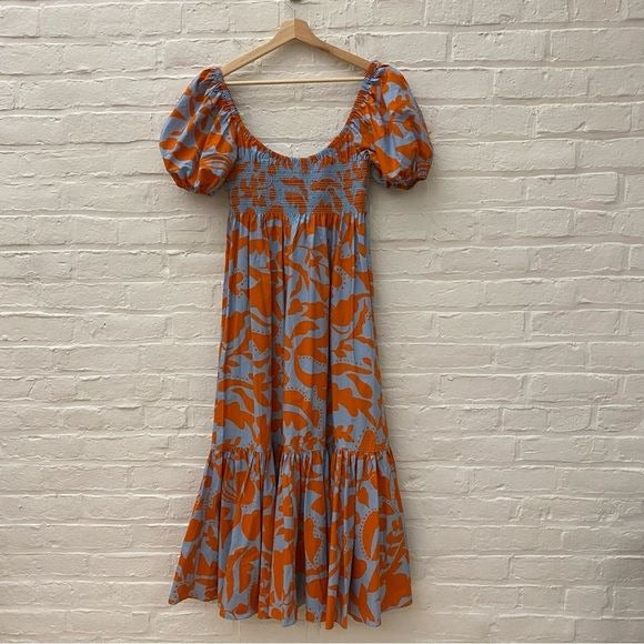 La Ligne || Amy Puff Sleeve Smocked Maxi Dress Periwinkle Tangerine Orange L NWT