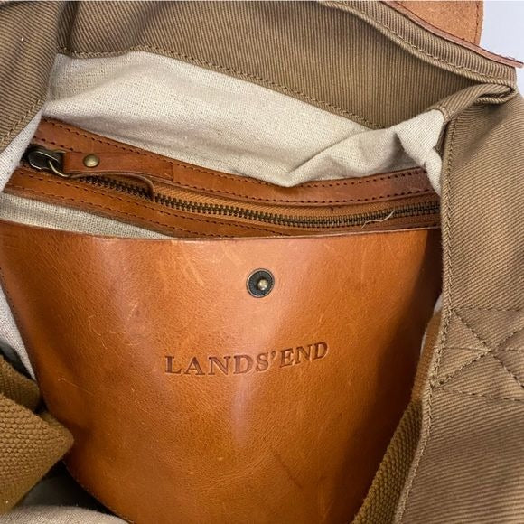 Lands End || Leather and Canvas Tote Bag Strap Tan Brown Olive