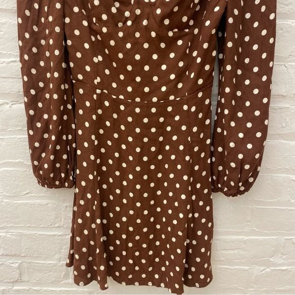 Reformation || Mochi Long Sleeve Mini Dress Brown Polka Dots 6