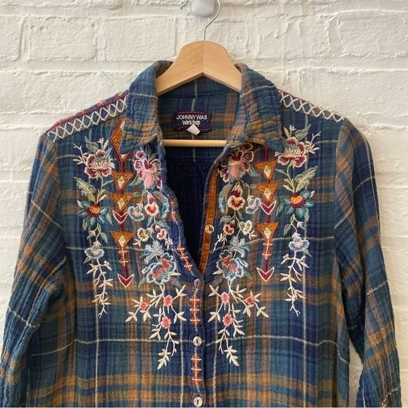 Johnny Was || Workshop Embroidered Plaid Tunic Button Down Floral Blue Small