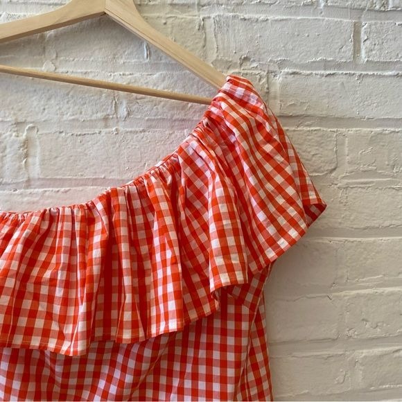 J. Crew || Cotton Poplin Ruffle-shoulder Top One Shoulder Gingham Red 0 NWT