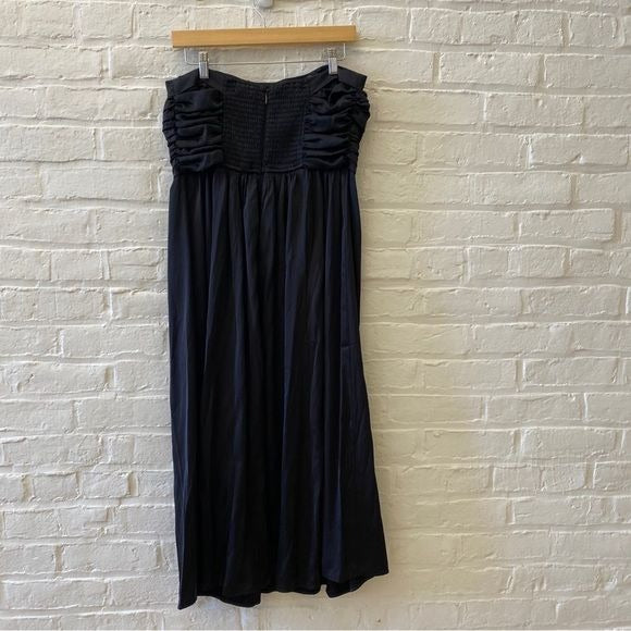 Abercrombie || Emerson Ruched Strapless Midi Dress Satin Black Large NWT