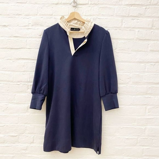 Tuckernuck || Pomander Place Charlotte Terry Ruffle Collar Dress Navy Cream L