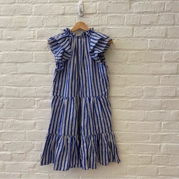 Veronica Beard || Zee Striped Tiered Mini Dress Linen Blend Cobalt Blue 0