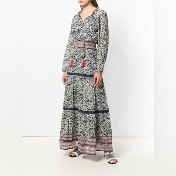 Bell by Alicia Bell || Grace Tassel Block Print Maxi Dress Navy Burgundy XS