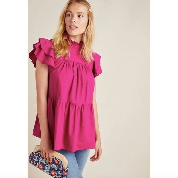 Anthropologie || Maeve Ophelia Babydoll Tiered High Neck Ruffle Tunic Top Pink S