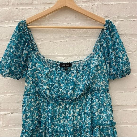 Trixxi || Tiered Floral Mini Dress Smocked Back Teal Large