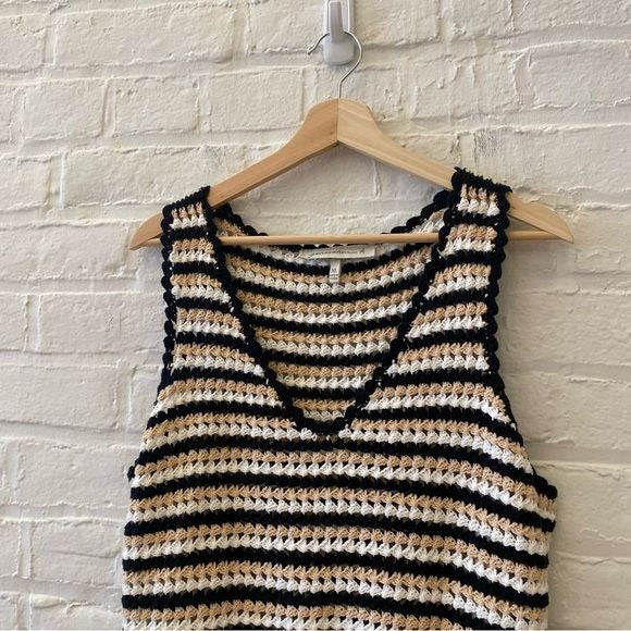 Generation K || Crochet Knit Pom Pop Striped Tank Top Black Tan XL