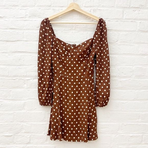 Reformation || Mochi Long Sleeve Mini Dress Brown Polka Dots 6