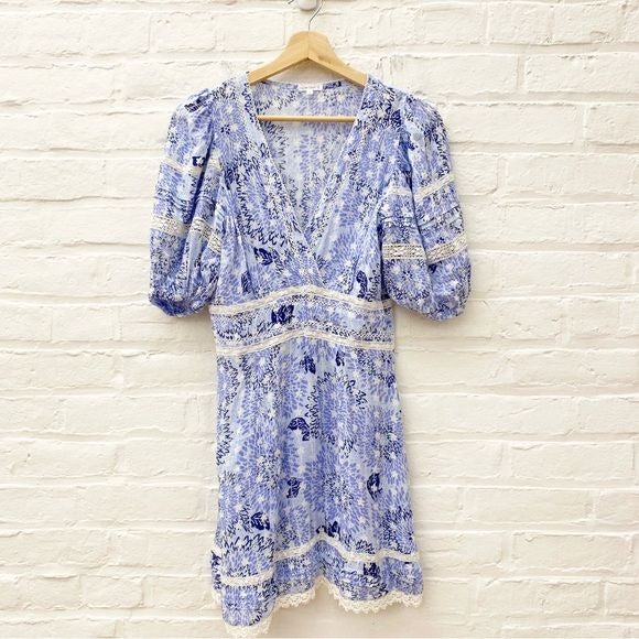 Poupette St. Barth || Reine Puff Sleeve Lace Trim Mini Dress Blue White Small