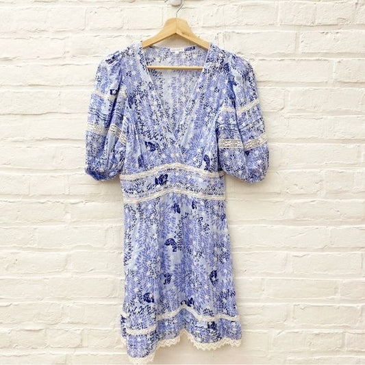 Poupette St. Barth || Reine Puff Sleeve Lace Trim Mini Dress Blue White Small