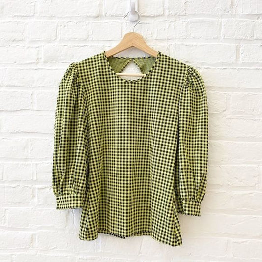 Amanda Uprichard || Jilly Top Blouse Puff Sleeve Open Back Lime Green Gingham L