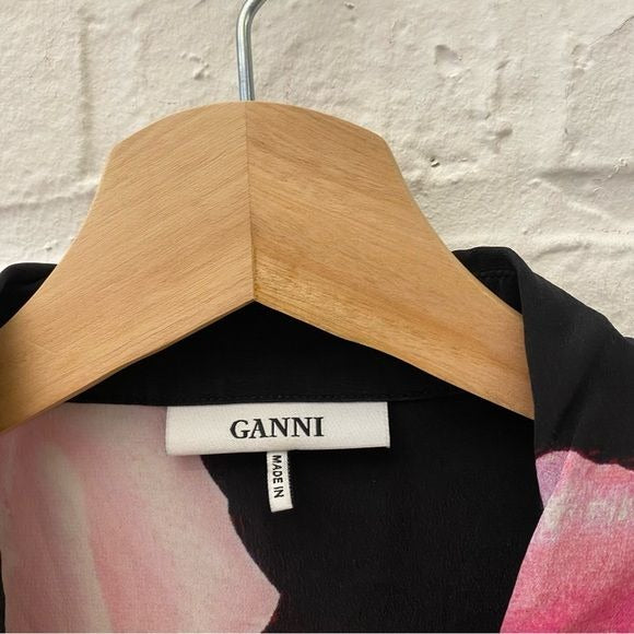 GANNI || Fayette Rose Print Silk Button Down Shirt Blouse Black Pink 36 US 4