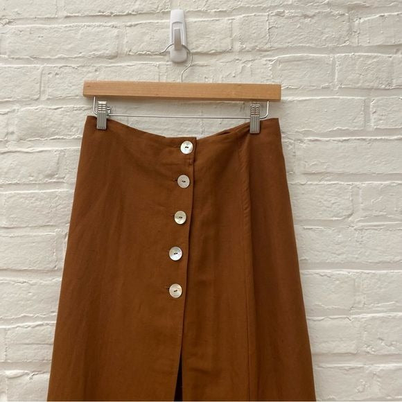 Zara || Linen Blend Two Piece Crop Midi Skirt Set Buttons Slit Brown Small NWT