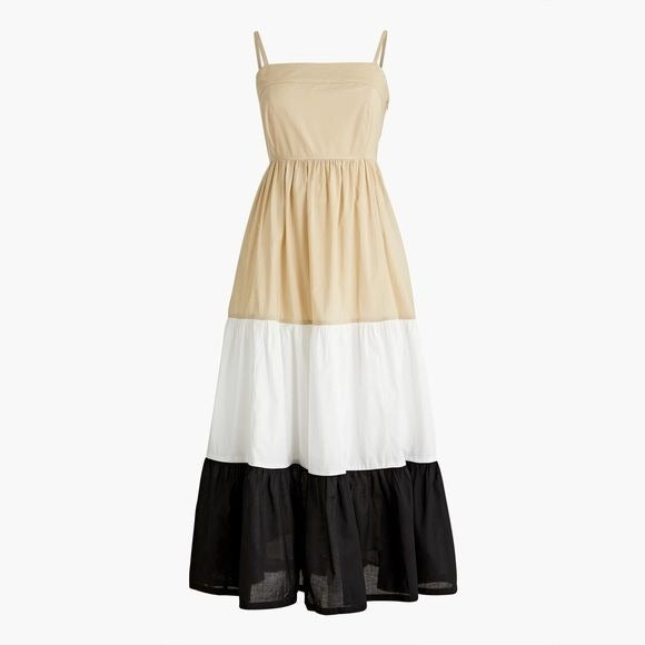 J Crew || Square Neck Tiered Colorblock Color Blocked Dress Black Tan 6