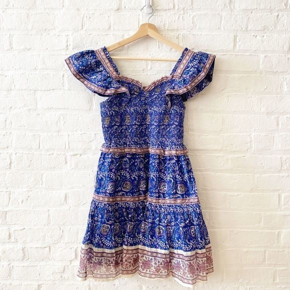 Sea New York || Rosita Smocked Mini Dress Ruffle Strap Sleeve Floral Blue Small