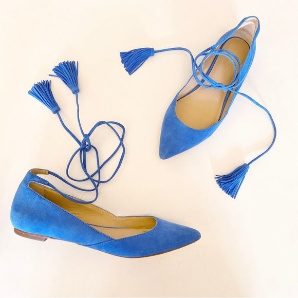 Loeffler Randall || Suede Penelope Tassel Ankle-Wrap Flats Blue 8