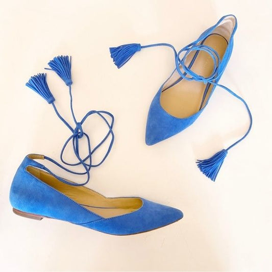 Loeffler Randall || Suede Penelope Tassel Ankle-Wrap Flats Blue 8