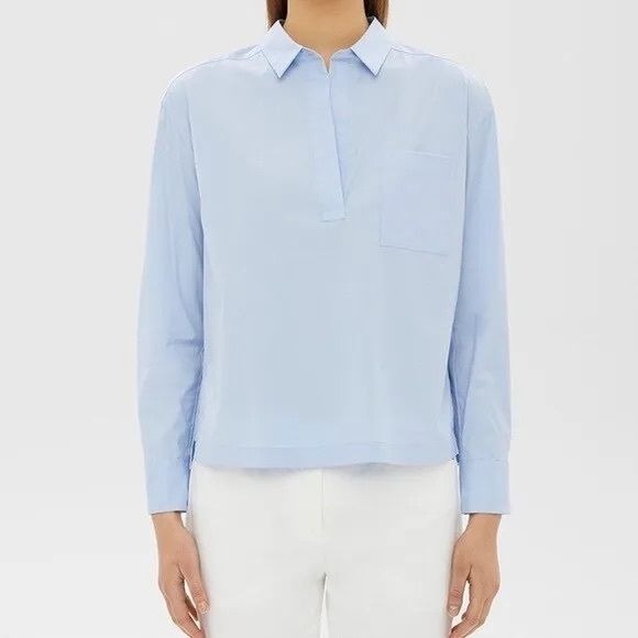 Theory || Callaway Wide Placket Popover Boxy Shirt Nlouse in Larkspur Blue M