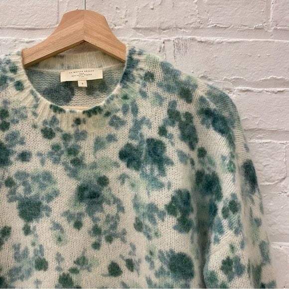 Sezane || Amaya Jumper Sweater Mohair Blend in Green Peonies Floral Cream Small