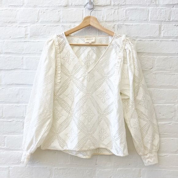 Sezane || Lauren Blouse Puff Sleeve Lace Top Ecru Cream Ivory 36 US 4