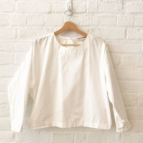 Caron Callahan || Boxy Button Back Top Blouse Cotton White Medium