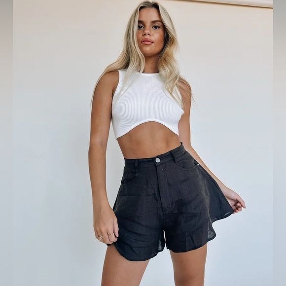 Talulah || High Waist Linen Ramie Blend Shorts Black Medium