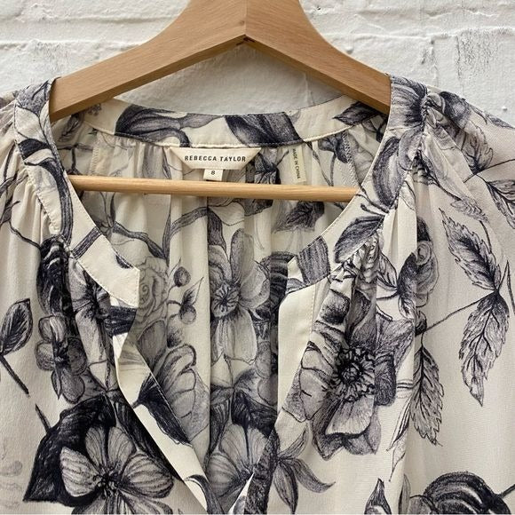 Rebecca Taylor || Botanical Floral Blouse Silk Cream Black 8