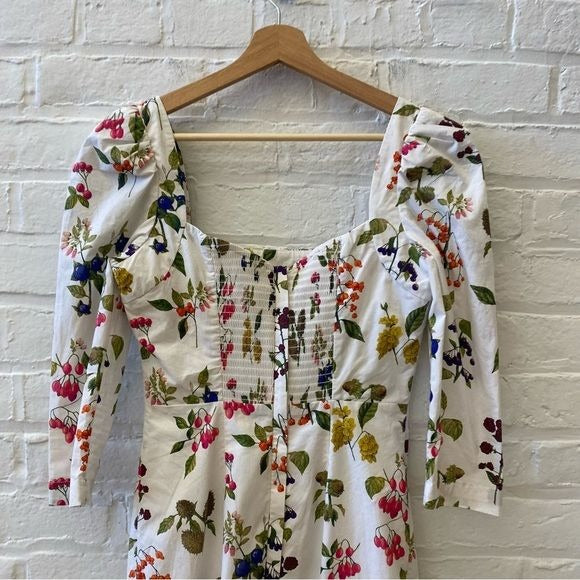 Cara Cara || Busy Poplin Floral Botanical Midi Dress Cotton Smocked White 2 NWT