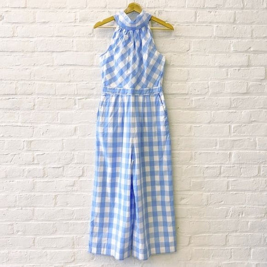 J. Crew || Gingham High-neck Wide Crop Leg Jumpsuit in Cotton Poplin Blue 2