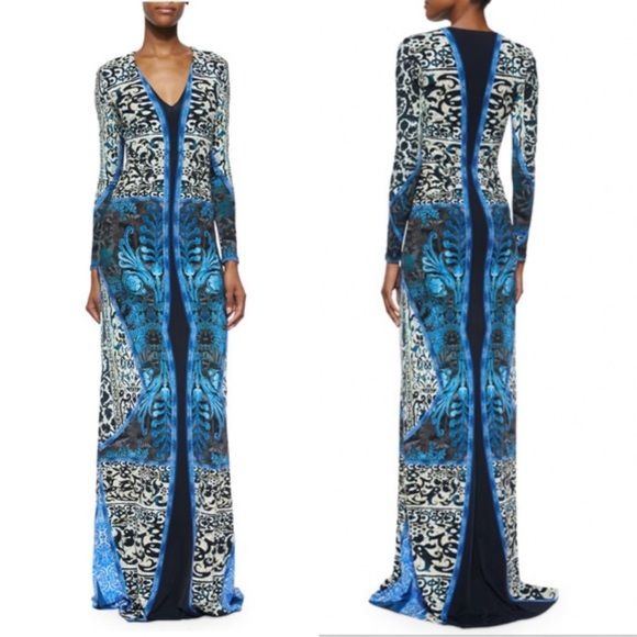 Roberto Cavalli || Long-Sleeve Mixed-Print Gown Blue Black IT 40 US 4