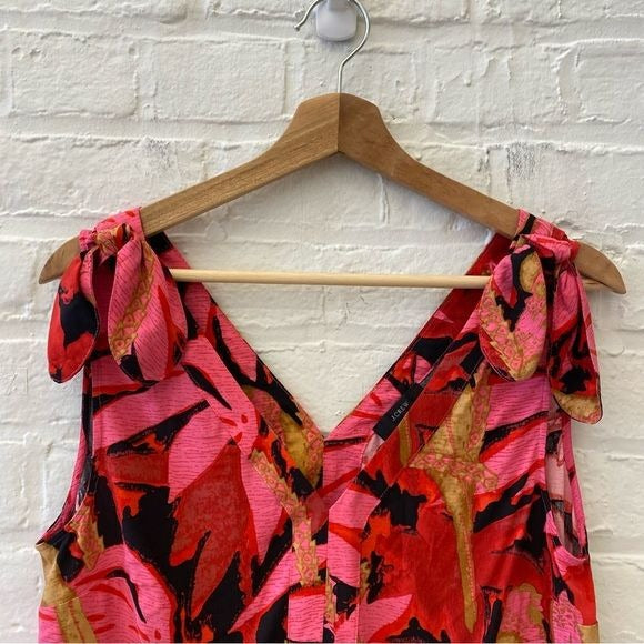 J.Crew || Bruna Tie Shoulder Top in Antigua Leaves Floral Bows Pink Red Small