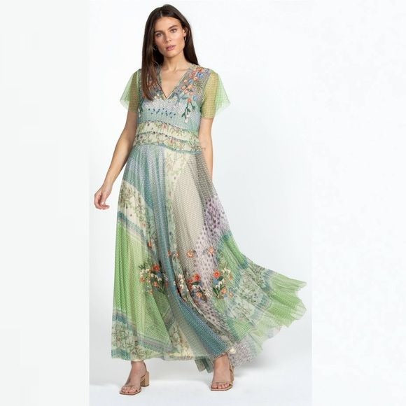 Johnny Was || Biya Winx Embroidered Patchwork Print Mesh Maxi Dress Green S