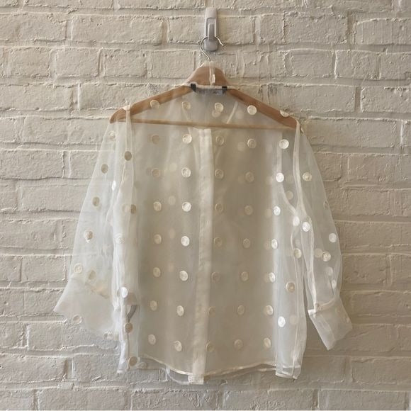 Zara || Sheet Polka Dot Shirt Pussybow Bow Blouse Tie Neck White Large