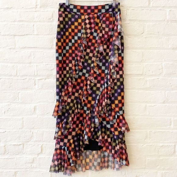 Anthropologie || FARMRio Ruffle Maxi Skirt Black Check Grid Spell Out Small