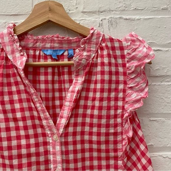 Draper James || Sleeveless Ruffle Button Down Gingham Top in Pink White XS