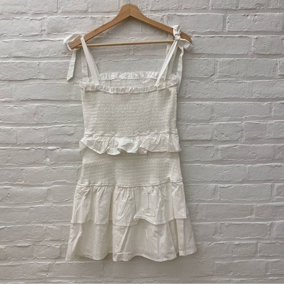 Le Lis || Tiered Tie Shoulder Smocked Mini Dress Cotton White Medium