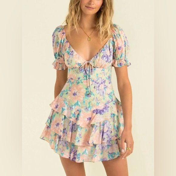 Sweet Pot the Label || Ruffle Tiered Mini Dress Keyhole Romper Floral US 6 NWT