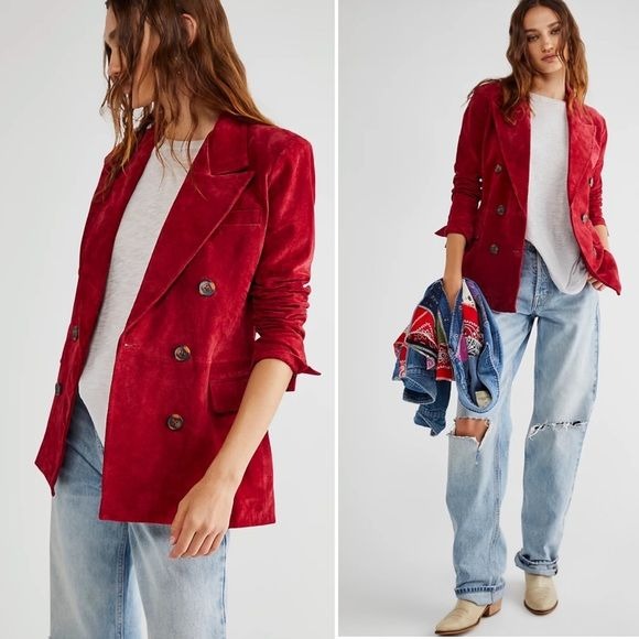 Anthropologie || Blank NYC Suede Leather Double Breasted Blazer Red XS NWT