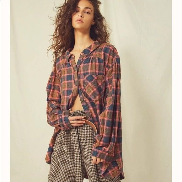 Free People || Wild Side Oversized Plaid Flannel Tie Back Tunic Pink Blue XS