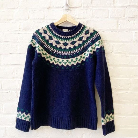 L.L. Bean || Classic Ragg Sweater Crewneck Fair Isle Lambs Wool Navy Green XS