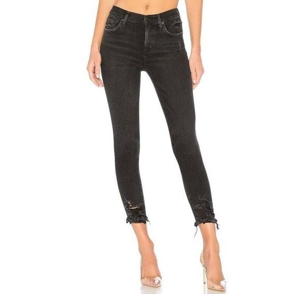 AGOLDE || Sophie High Rise Skinny Crop in Temple Washed Black Gray Distressed 28